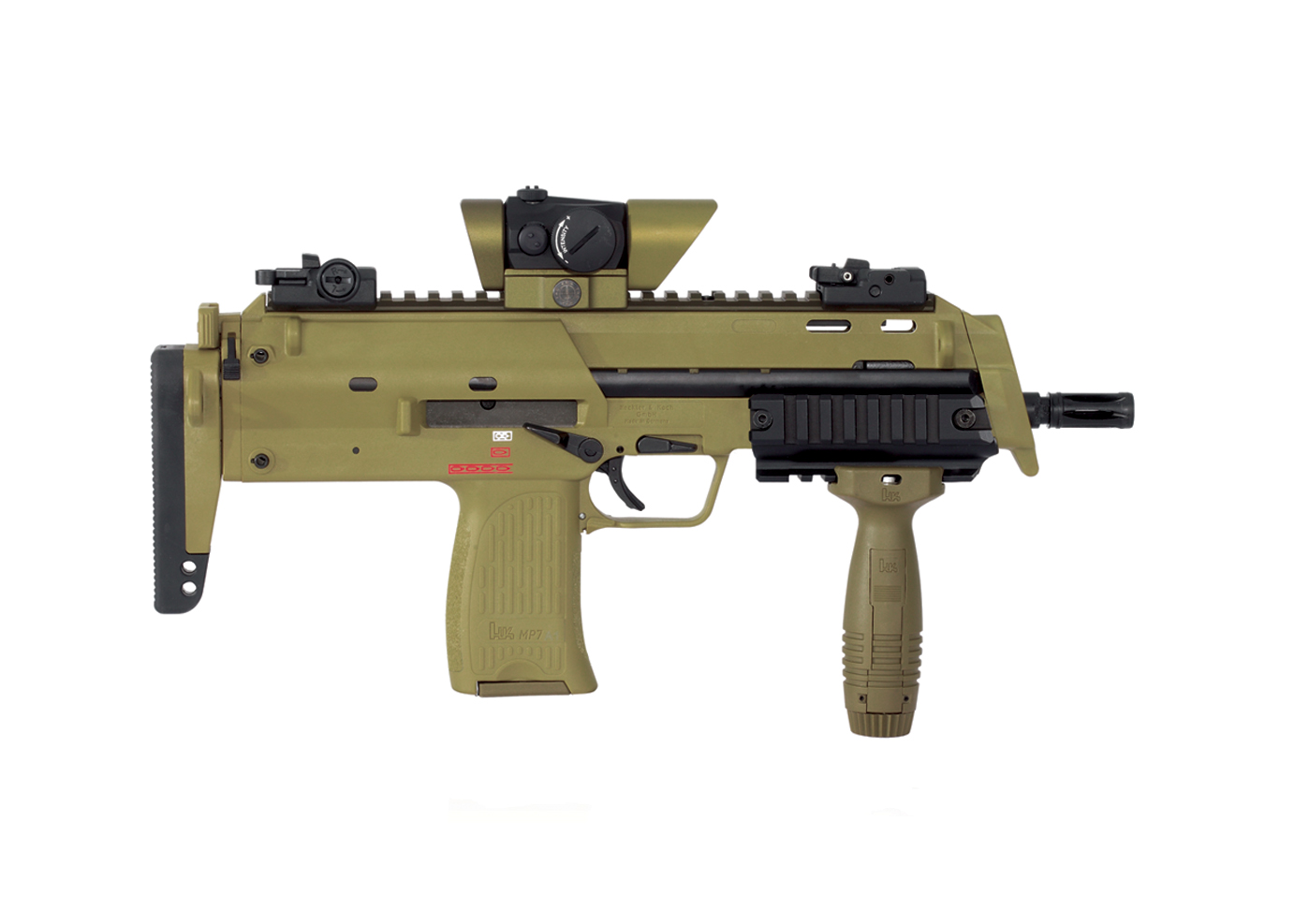 Smaller than a conventional submachine gun, the 4.6 mm MP7A1 is a compact a...